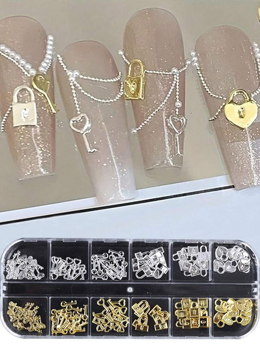 12个心形锁形金属美甲装饰品，DIY美甲饰品配件，美甲用品 - 彩色 - 查看 1