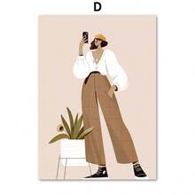 1 件抽象简约墙面艺术帆布印刷画女孩花朵自行车海报现代插画画适用于客厅装饰无框架 - 多色 - 查看 9