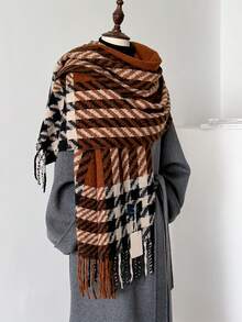 1 件千鸟格纹流苏围巾，优雅温暖配饰，时尚韩式，适合秋冬季，送给女朋友的礼物 - 彩色 - 查看 1