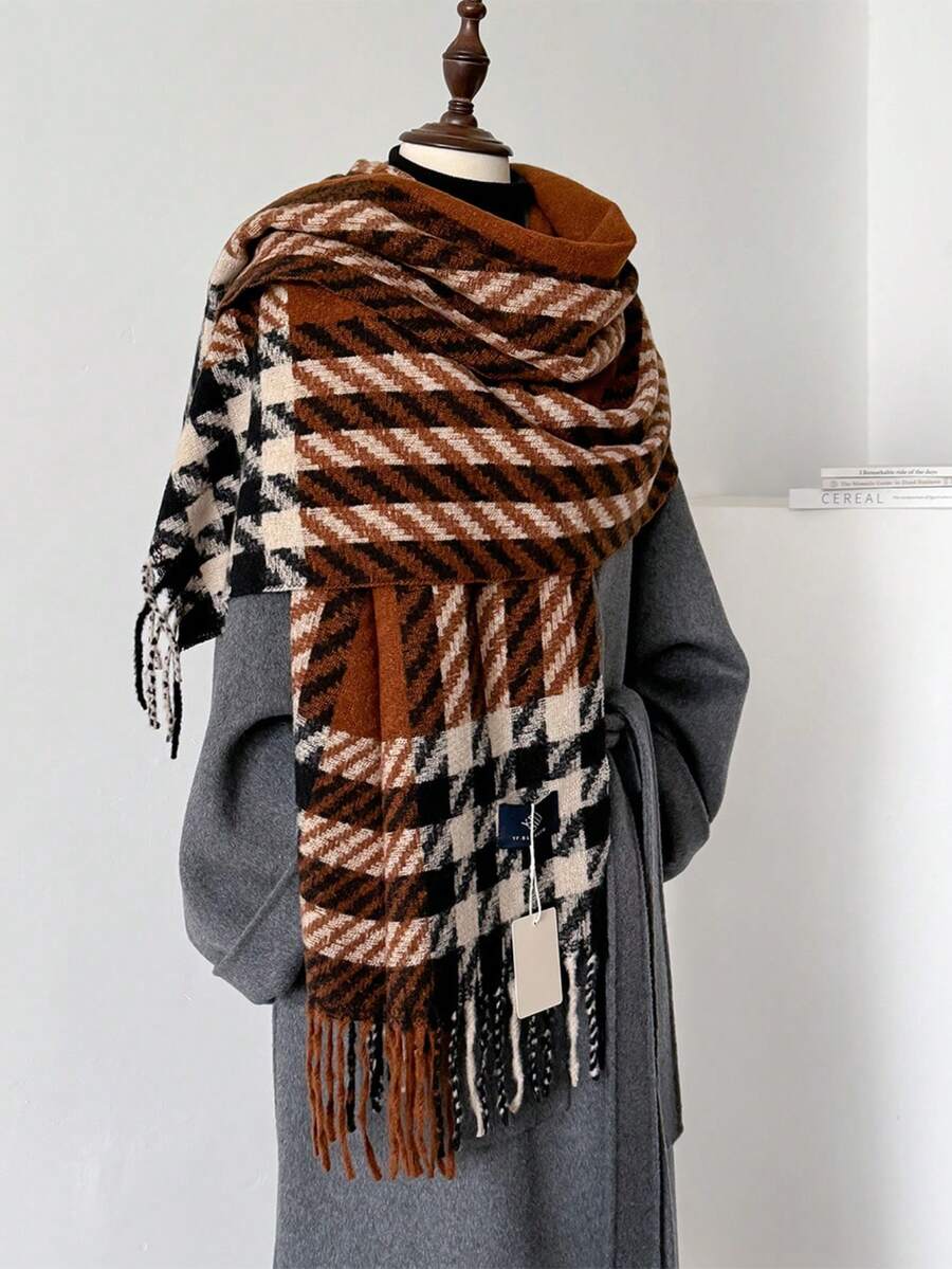 1 件千鸟格纹流苏围巾，优雅温暖配饰，时尚韩式，适合秋冬季，送给女朋友的礼物 - 彩色 - 查看 1