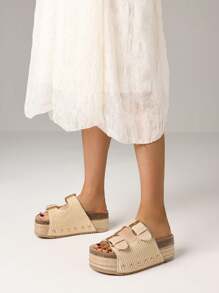 Casual Comfy Women Sandals Buckle Rivit Thick Bottom Flats Shoes Fashion Design Vacation Dress Brand Sandals - 杏色 - 查看 6