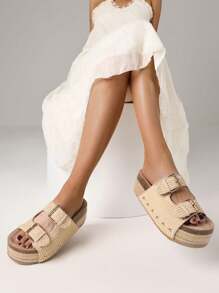 Casual Comfy Women Sandals Buckle Rivit Thick Bottom Flats Shoes Fashion Design Vacation Dress Brand Sandals - 杏色 - 查看 4