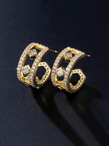 kuuioe 1 对时尚微镶嵌锆石 C 形耳环，简约锆石情侣耳环 - C - 查看 6