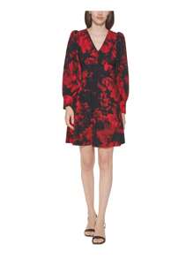 CALVIN KLEIN Womens Stretch Zippered Pleated Scuba Crepe Long Sleeve V Neck Short Party Fit + Flare Dress - Đỏ - Xem 1