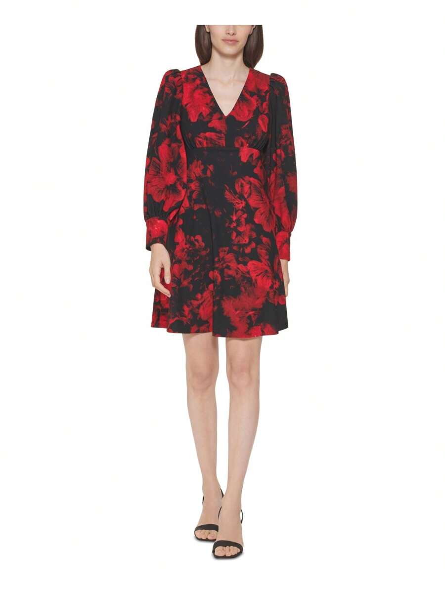 CALVIN KLEIN Womens Stretch Zippered Pleated Scuba Crepe Long Sleeve V Neck Short Party Fit + Flare Dress - Đỏ - Xem 1
