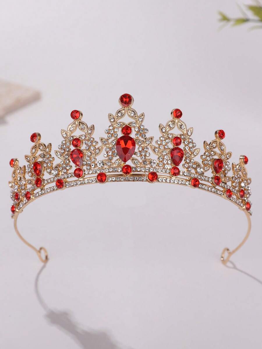 1pc Girls' Luxury Rhinestone Princess Crown Headband - Red - View 1