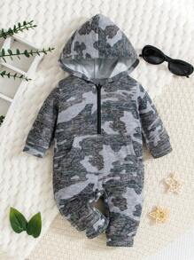 Baby Boy Camouflage Print Long Sleeve Hooded Half Zip Jumpsuit