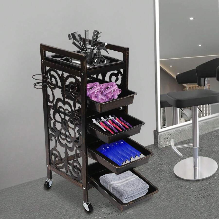 5 Tier Classic Salon Rolling Storage Trolley, Black Brown Barber