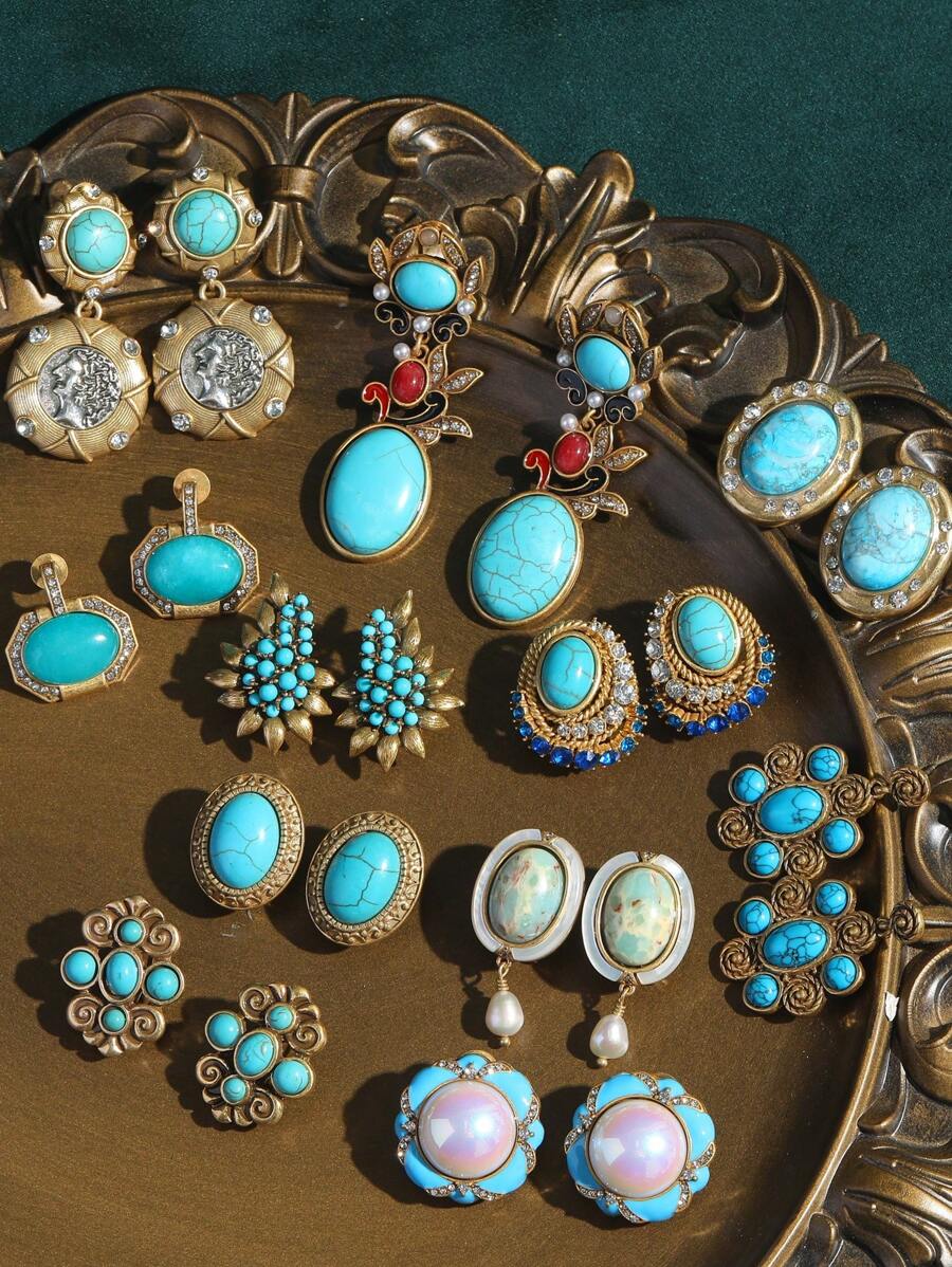 复古蓝色仿绿松石叶美人头硬币珍珠镶嵌水钻吊坠耳环，波西米亚风格珠宝 - 彩色 - 查看 1