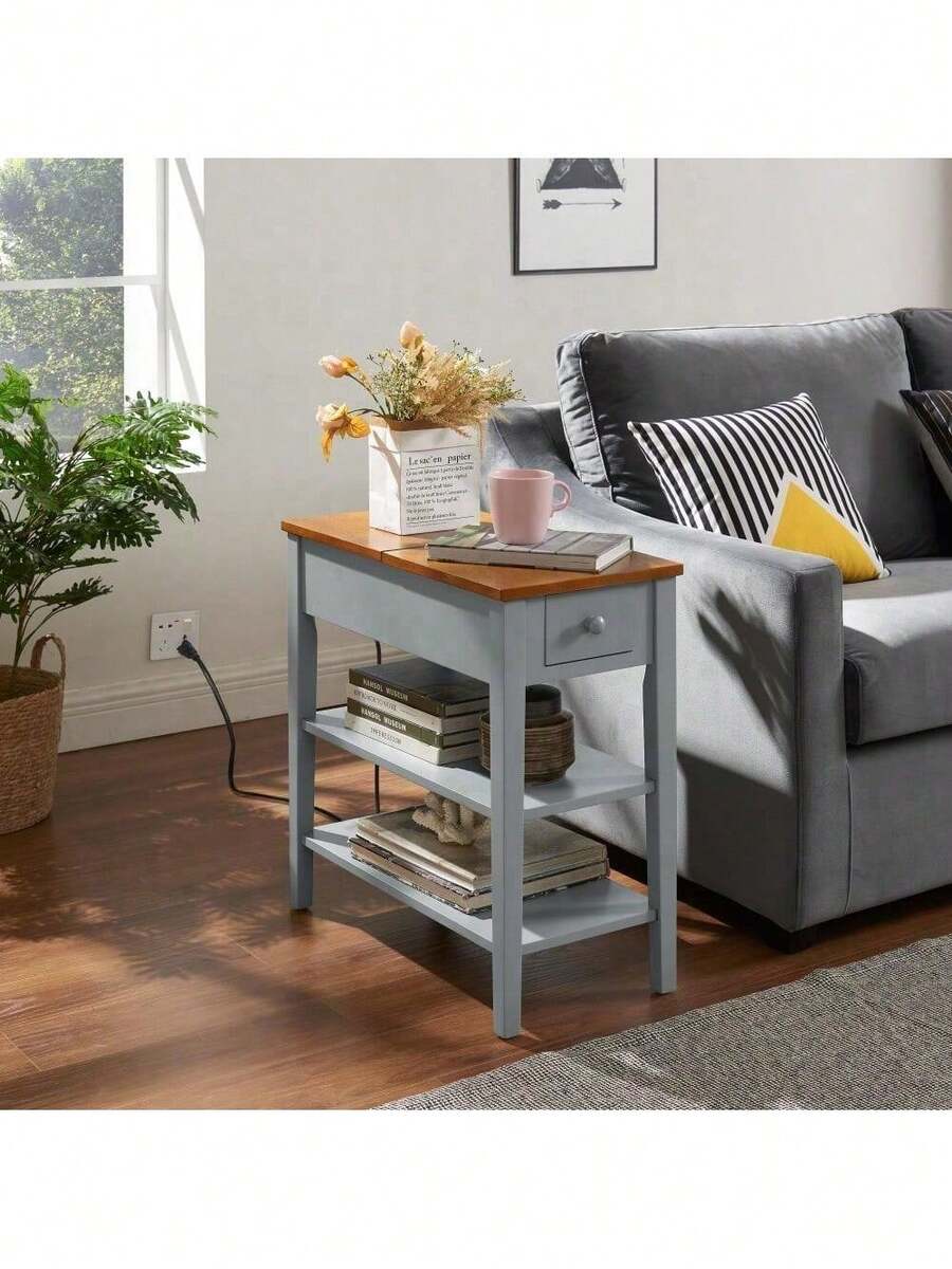 Narrow 2Tone End Table With USB Charging Ports For Small Space, SOLID