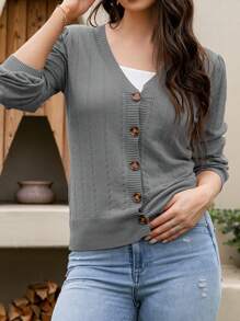 Women's Cardigans Button Down V Neck Casual Sweater Open Front Cardigan Sweaters - 深灰色 - 查看 4
