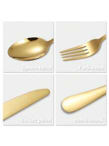 16件金色盒装4人份不锈钢牛排餐具套装刀叉勺茶匙，适合共享餐具，下午茶，酒店，西餐，家庭聚会，学校用餐 - 金色 - 查看 8
