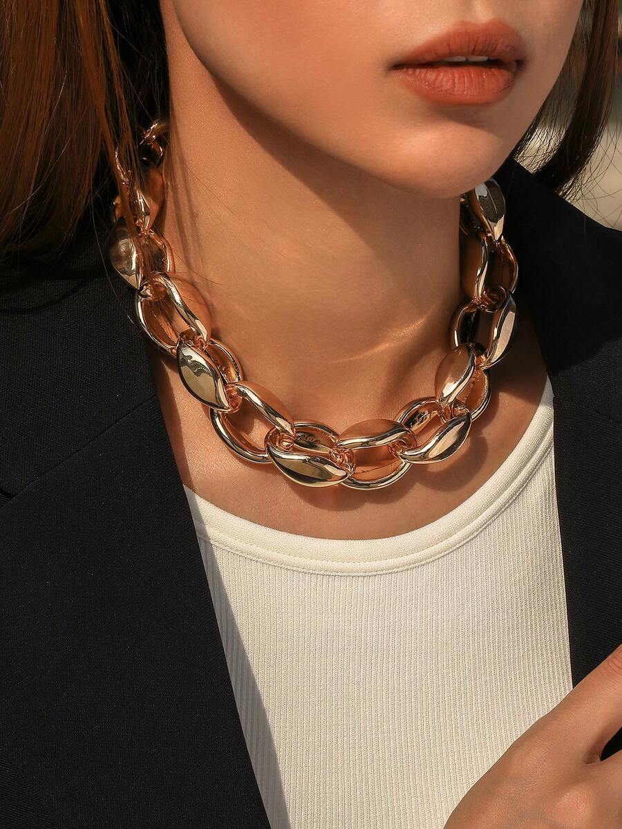 1 件女式朋克风格金属粗链项链，简约欧美设计 - 金色 - 查看 1