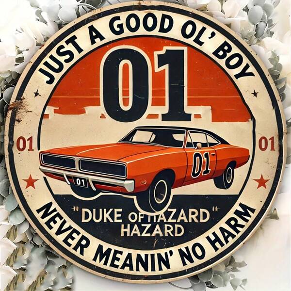 8x8 Vintage Of Hazzard Round Lron Sign - Metalowa dekoracja ścienna z grawerunkiem foliowym i rustykalnym wykończeniem, trwała, odporna na warunki atmosferyczne, łatwa do powieszenia w domu, biurze, barze, kawiarni - wyjątkowy pomysł na prezent