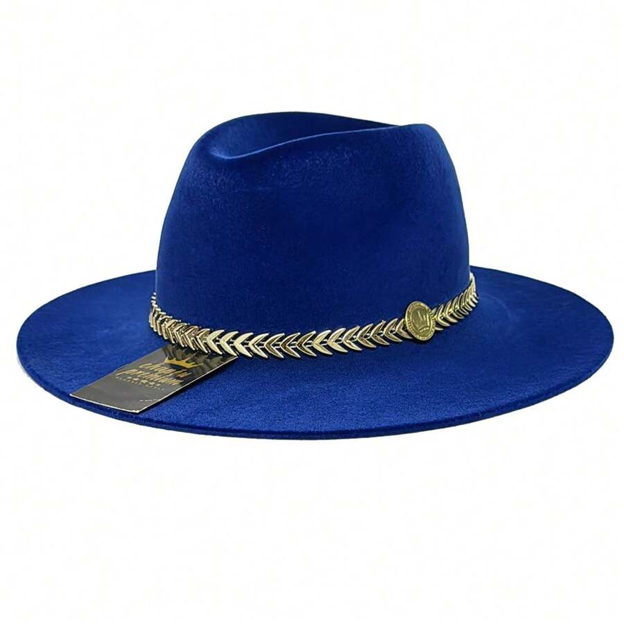 Fedora Hat Country Bandinha Shine Golden Unisex Medium Brim Top Premium Rodeo Show Style - Royal Blue - View 1