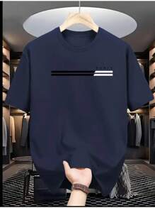 Men's Casual Summer Short Sleeve T-Shirt With PARIS 01 Letter Print - 藏蓝色 - 查看 1