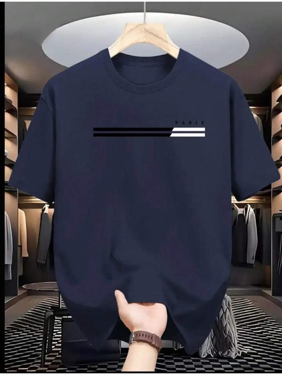 Men's Casual Summer Short Sleeve T-Shirt With PARIS 01 Letter Print - 藏蓝色 - 查看 1