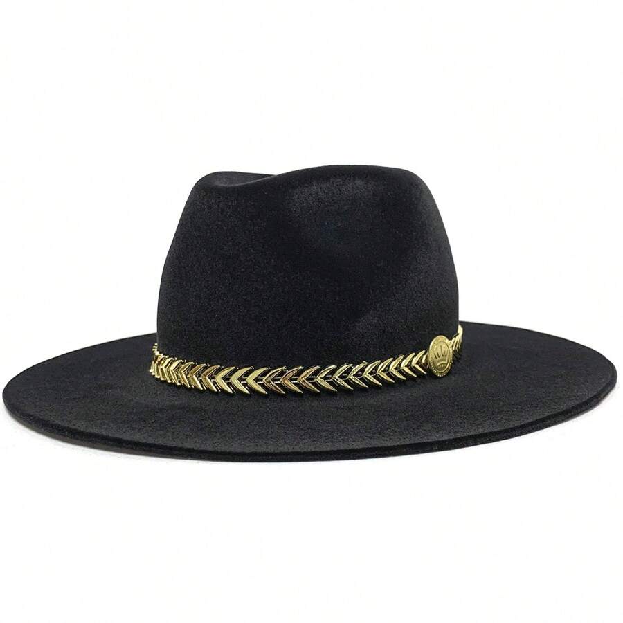 Fedora Hat Country Bandinha Shine Golden Unisex Medium Brim Top Premium Rodeo Show Style - Black - View 1