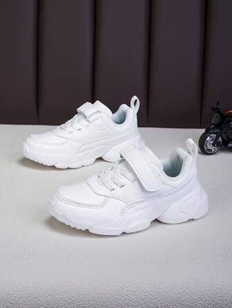 Kids Classic Casual Leather Solid Color Low Top Sneakers, Suitable For School And Running, For Big Children