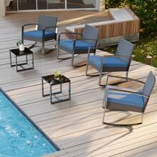 Modern 3 Pieces Bistro Set Outdoor Chairs,Outdoor Seating,Outdoor Seating Patio, Rocking Chairs, Wicker Chairs With Coffee Table Furniture Set For Balcony, Porch - Blue - View 8
