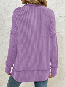 Women's Long Sleeve Shirt, Autumn Ribbed Loose Oversized Sweatshirt, Casual Side Slit Drawstring Waist Top Spring - Purple - View 2