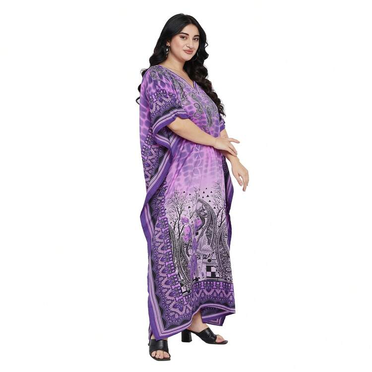 Gypsie Blu Fall Cloths For Women Plus Size Kaftans Dress V Neck Long Caftan Dress - 1X To 3X - Purple - View 3