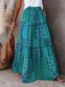Women's Boho Maxi Skirts Vintage Floral Elastic High Waist A-Line Flowy Skirts Tiered Long Swing Skirts With Pockets Casual Bohemian Clothes For Summer Holiday Beach Vacation Outfit - 綠色 - 查看 2