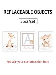 3pcs Customized Name Canvas Poster Wall Art, Personalized Name Cartoon Giraffe & Elephant Poster Home Decor, Living Room Bedroom Kitchen Canvas Painting, Perfect Gift And Decoration, Birthday Graduation Gift - Multicolor - View 5