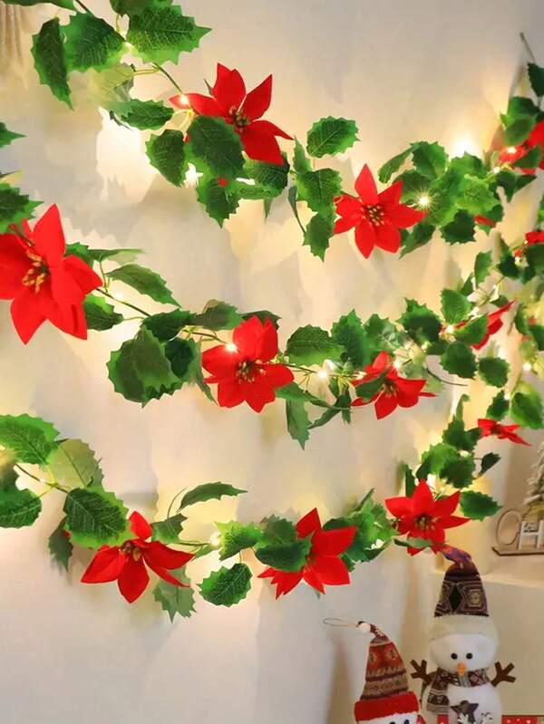 1set Christmas Red Flower String Lights (1pc Red Flower Garland + 1pc Warm Light String) Christmas Staircase Decor, Christmas Wreath Supplies, Christmas Entryway Decor, Bedroom, Party, Wedding, Scene Decor, Suitable For Holiday Party Decoration, Christmas Decoration