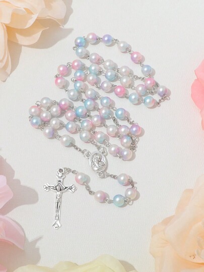 KOMI 1pc Handmade Rainbow Pearl Prayer Cross Necklace, Mary Mother Of Jesus Cross Pendant Gift
