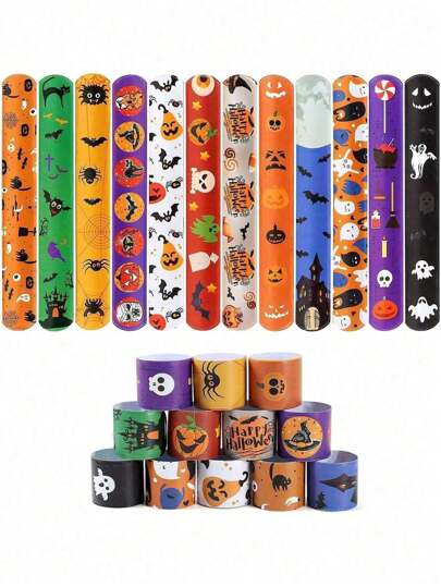 1/12/48pcs Halloween Slap Bracelets With Assorted Designs - Skull, Pumpkin, Ghost, Spider, Funny Patterns Snap Wristbands Party Favors For Halloween, Birthdays, Holidays