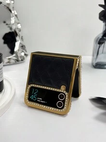 1 件水钻镶嵌皮革纹理可折叠手机支架，黑色，带金属折叠支架，简约/奢华/个性/创意/时尚/时尚，适用于 Z Flip6/Z Flip3/Z Flip4/Z Flip5 折叠机型。由于光线角度和框架电镀工艺，颜色可能略有不同。 - 黑色 - 查看 4