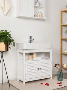 VASAGLE Meuble sous Lavabo, Meuble de Salle de Bain, Placard sous Vasque, avec 2 Portes Persiennes, Beaucoup d'Espace de Rangement, Style Moderne, 30 x 60 x 60 cm, Blanc - Blanc - Voir 3