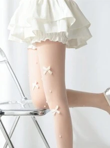 1 pièce Bas blancs avec un nœud rose doux et une décoration de perle, collants moulants, collants fins et sexy pour femmes, porter confortable et au quotidien