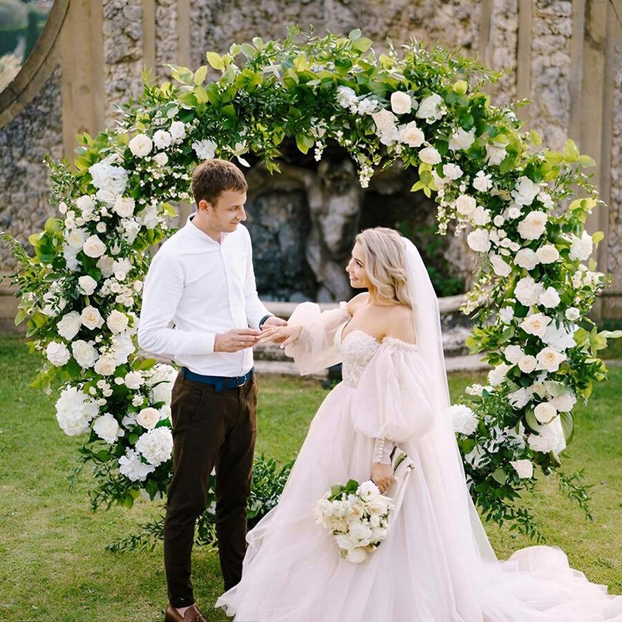 6.6 英尺圆形背景支架金色婚礼拱门用于仪式金属气球拱门支架室内室外用于生日、婚礼装饰派对礼物房间装饰新娘 - 白色 - 查看 1