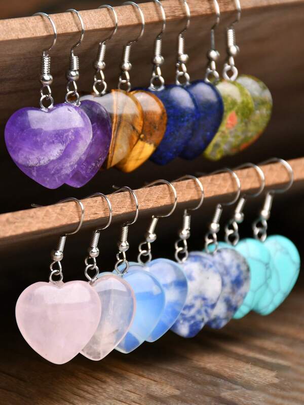 Pendientes Bohemios de piedra natural con colgante en forma de corazón de cuarzo rosa y amatista, joyería adecuada como regalo de San Valentín para todo tipo de ocasiones y temporadas