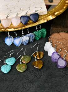 波西米亚天然石爱心吊坠耳环玫瑰石英和紫水晶心形吊饰女士珠宝适合所有场合和季节的情人节礼物 - 彩色 - 查看 2