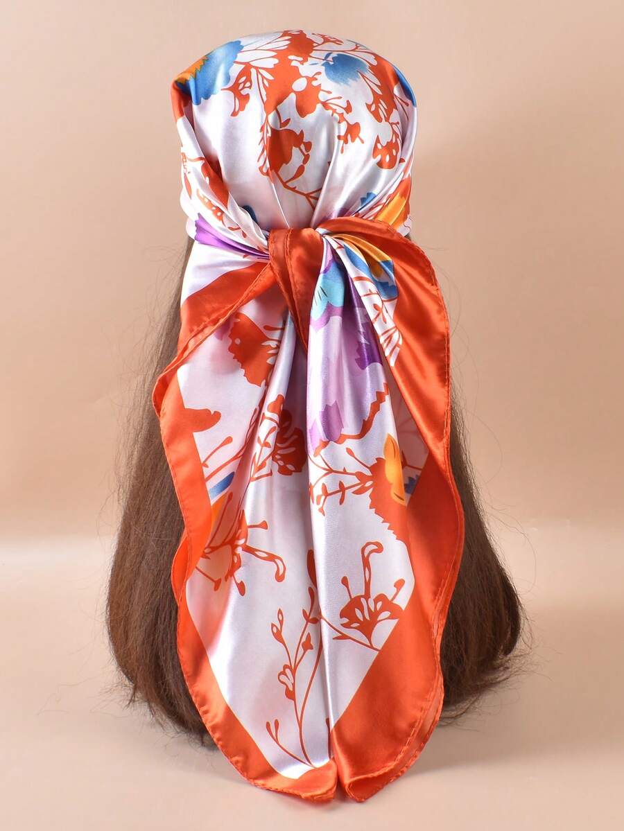 1 件女士时尚彩色花卉印花围巾，休闲防晒头巾，大号方形围巾