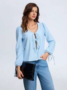 Camisa de mujer de punto de unicolor con lazo en escote en V, manga abullonada, estilo casual y versátil para la oficina o para usar en primavera y verano