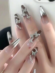 1 盒合金蝴蝶结指甲金属银色蝴蝶结指甲饰品配件日式美甲设计配件用品