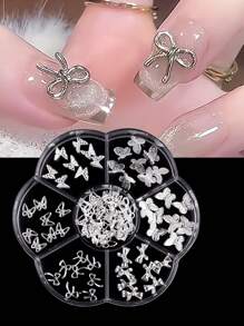 1 盒合金蝴蝶结指甲金属银色蝴蝶结指甲饰品配件日式美甲设计配件用品