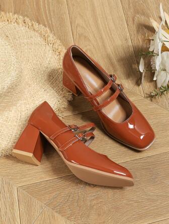 New Women Square Toe High Heel Shoes, Fashionable Elegant Convenient Buckle Mary Jane Pumps, Chunky Heels Office/Wedding Dress Shoes