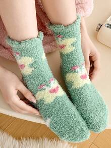 2 Pairs Teenage Girls Double-Sided Fleece Multi-Color Bow Warm Thick Soft Floor Socks, Fall Long Socks, Knee-High Socks - Green - View 3