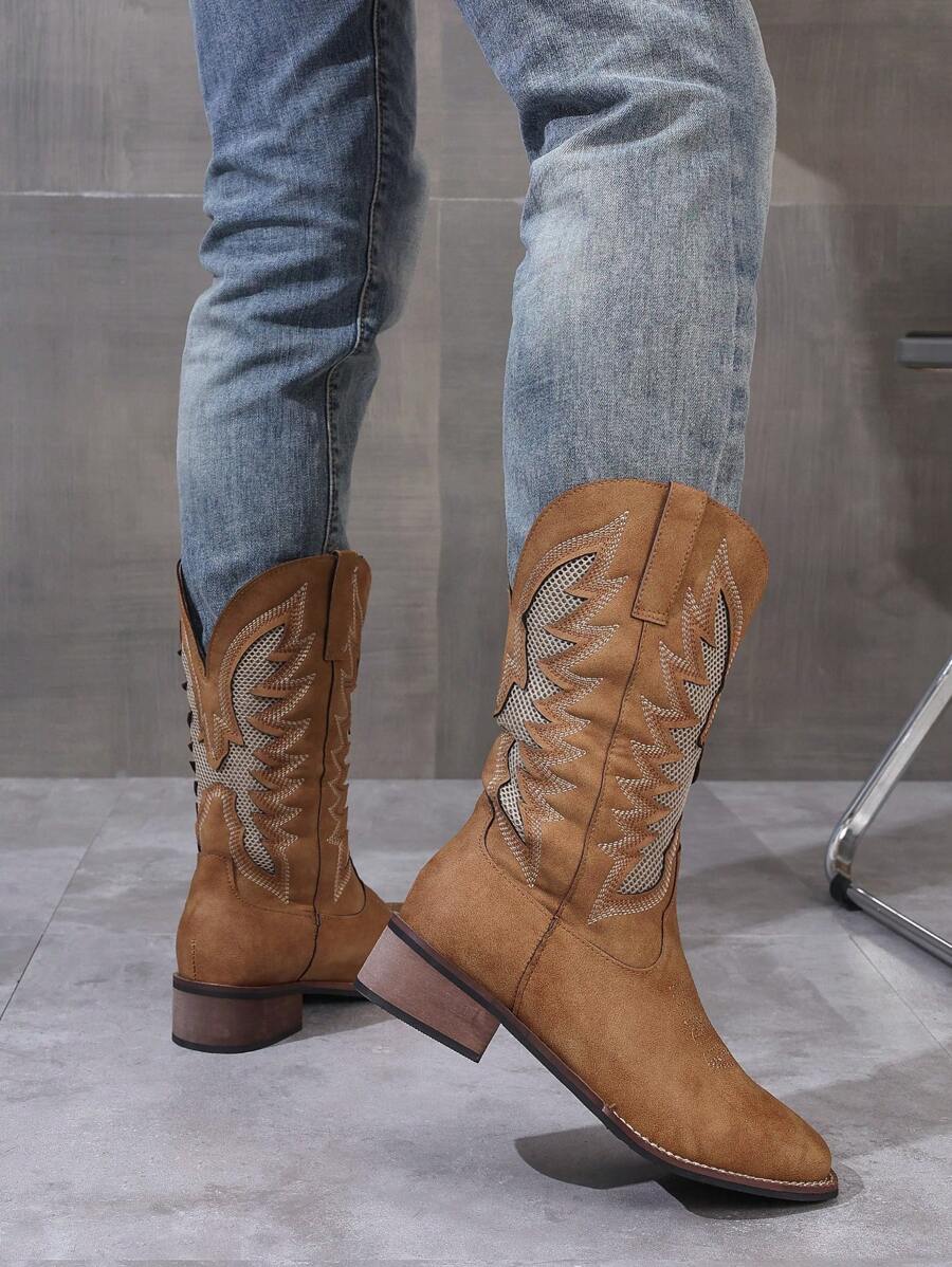 Plus Size Men Square Toe WideLast Western Boots, Chunky Heel Cowboy