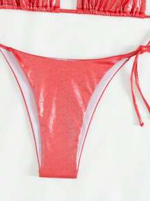 3pcs Red Sparkle Fabric Tie-Up Cover Up Swimwear Set Swimsuits And Swimming Trunks Cover Up, Summer Beach Vacation