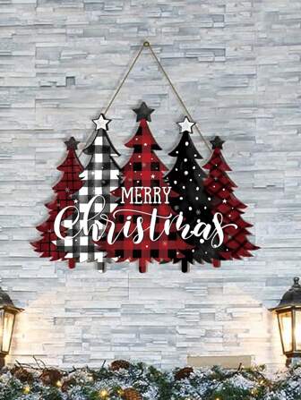 1pc/100Pcs Merry Christmas Tree Decor Sign,Buffalo Plaid Tree Wood Decor Farmhouse Hanging Plaque For Porch Xmas Front Outdoor Home Christmas Party Decor
