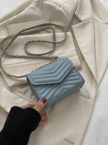 1 件女士时尚纯色 V 形印花优雅链条肩带迷你单肩包 - 藍色 - 查看 1