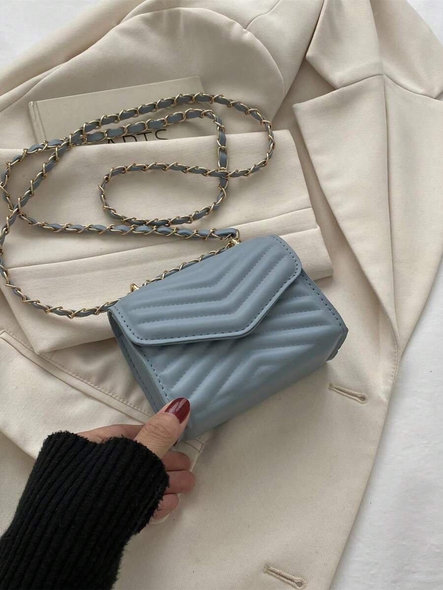 1 件女士时尚纯色 V 形印花优雅链条肩带迷你单肩包 - 藍色 - 查看 1