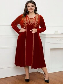 Bộ váy nhung trang trọng đính pha lê cỡ lớn 2 món - Màu Đỏ Sâu - Xem 7