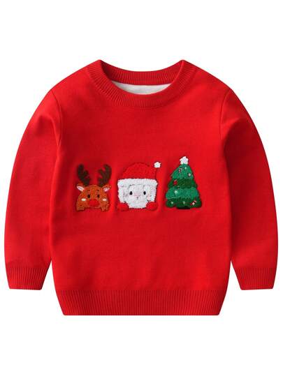 Young Boy Christmas Santa Claus Embroidered Crew Neck Knit Pullover Sweater, Long Sleeve For Boys And Girls In Autumn/Winter Seasons